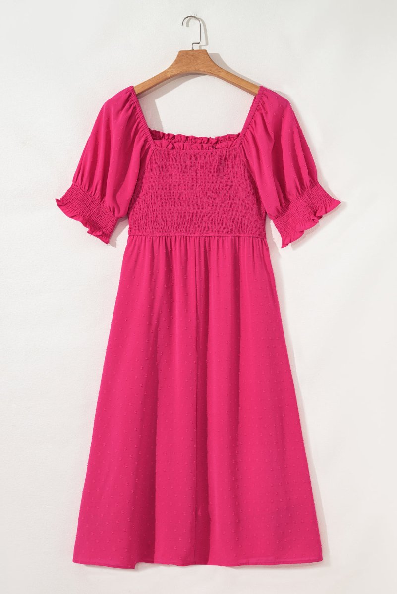 Sachet Pink Swiss Dot Smocked Frilled Neckline Plus Size Dress - Love Salve